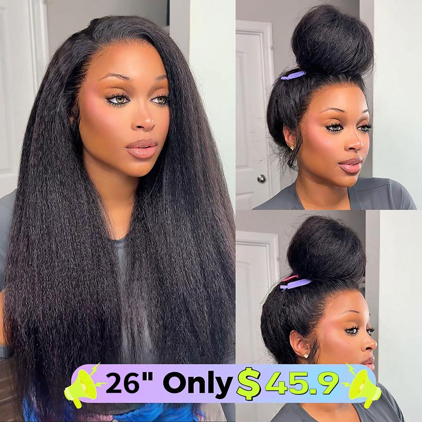 Sale Happening Now:70%OFF🔥Pre-Cut Lace Kinky Straight 360 Full Lace Frontal Glueless Wig With Invisi Drawstring Pre Plucked Human Hair Wig